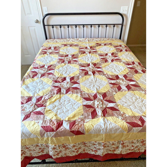 Vintage Bedspread Coverlet Quilt Yellow White Pink Red Floral Queen 100"x92" - Picture 1 of 11